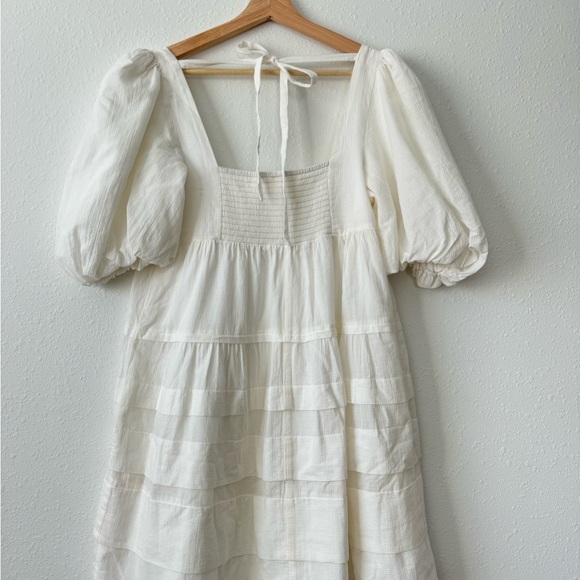 Anthropologie White Puff Sleeve Dress Women’s M Smocked Back Cottagecore tiered - Picture 10 of 10